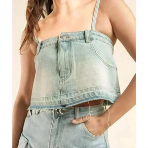 ZARA Denim Jean Cropped Pants Top Spaghetti Straps Size Large Bloggers Blue Wash